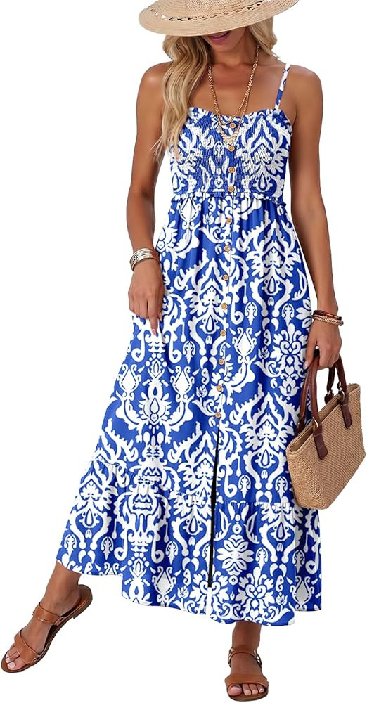 Dokotoo Womens Summer Dresses 2026 Sleeveless Spaghetti Strap Button Down Smocked Beach Vacation ... | Amazon (US)