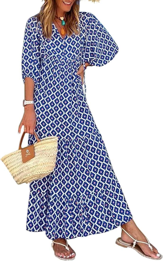 Womens Loose Fit Casual Summer V Neck Half Sleeve Bohemian Geometric Pattern Maxi Long Dresses | Amazon (US)