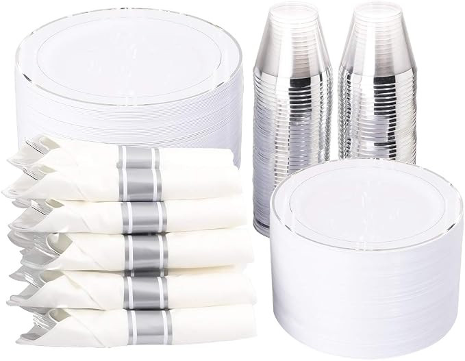 WELLIFE 350Pcs Silver Plastic Plates with Disposable Silverware and Cups, Include: 50 Dinner Plat... | Amazon (US)