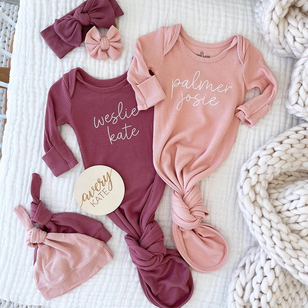 Personalized Bamboo Newborn Baby Knot Gown | Sweet Waffles - Script* | Caden Lane