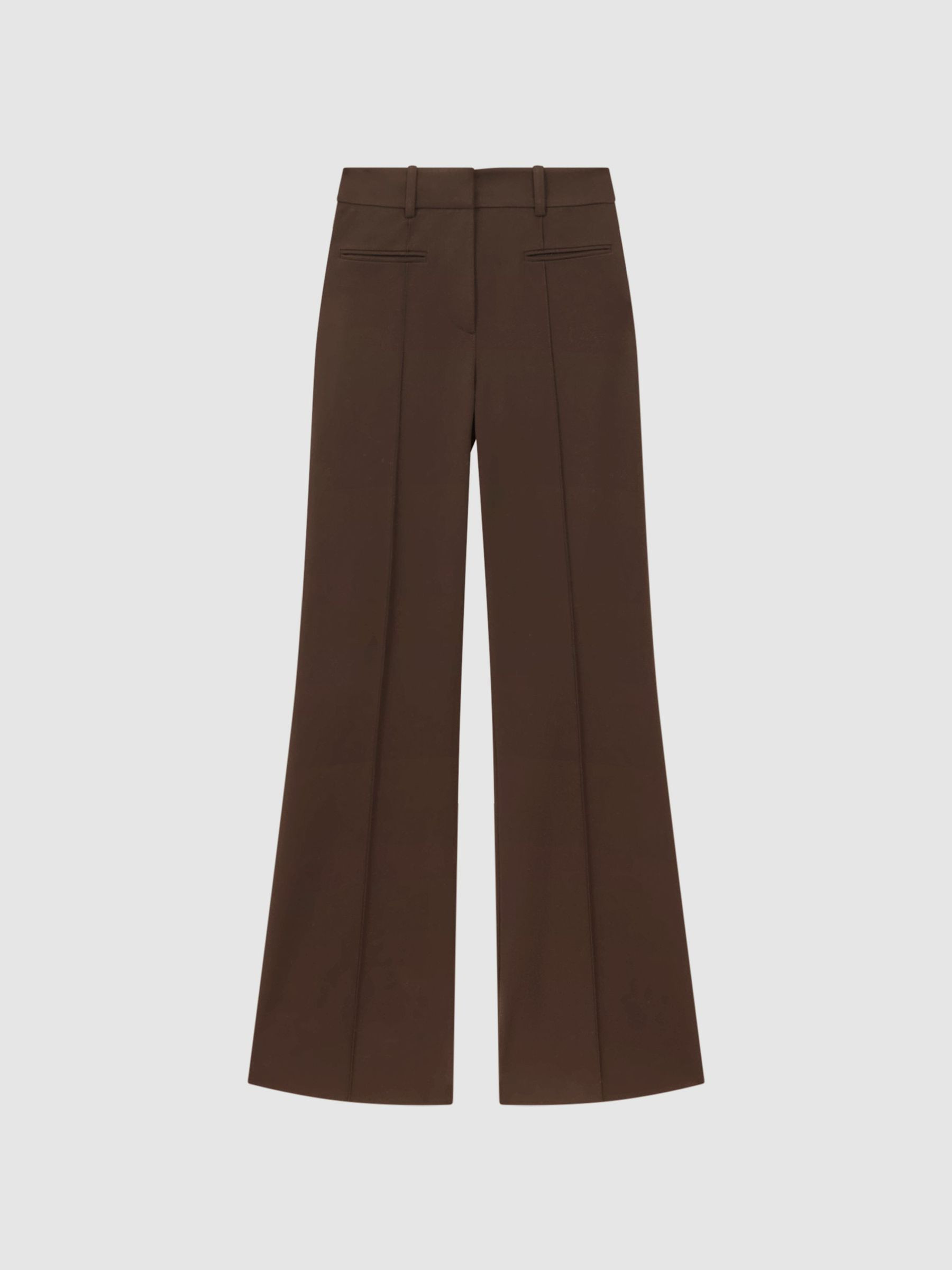 Reiss Petite High Rise Flared Trousers in Chocolate Brown | REISS | Reiss US