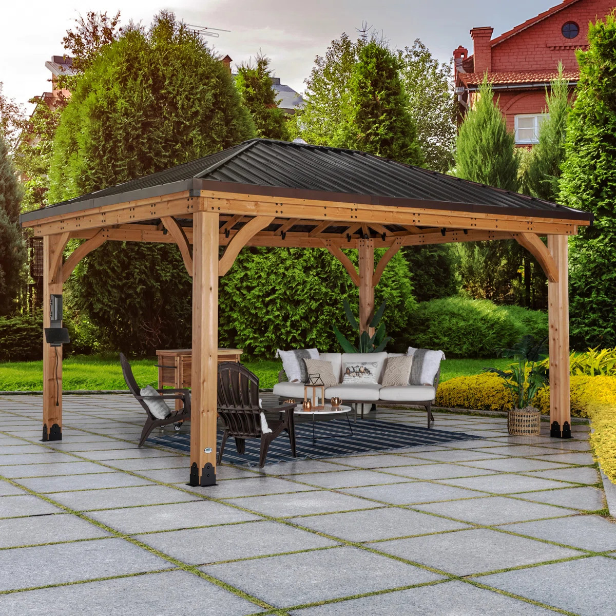 Backyard Discovery Barrington 16' x 12' Cedar Wood Outdoor Patio Gazebo with Hardtop Galvanized S... | Wayfair North America
