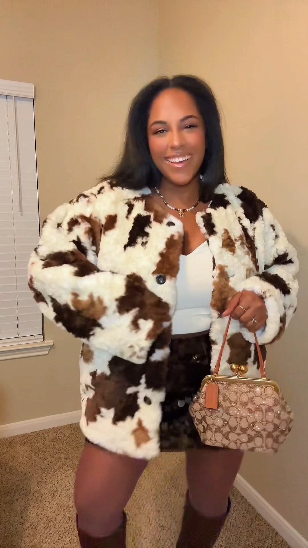 I love this espresso themed holiday outfit. faux fur and sequins and any holiday outfit is a win. 

#LTKHoliday #LTKMidsize