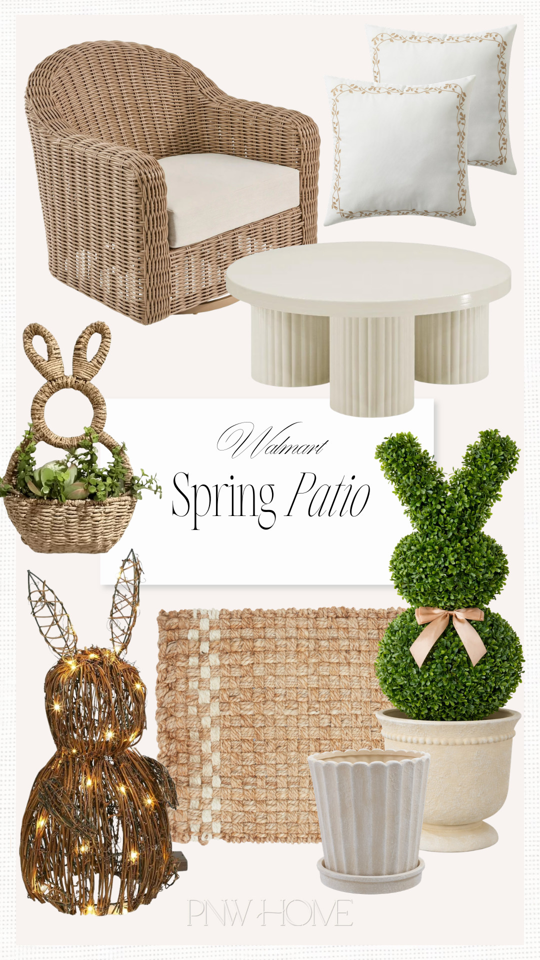Walmart finds perfect for the spring patio!

neutral patio, spring porch, front porch decor, patio decor, wicker chair, outdoor accent chair, patio chair, outdoor swivel chair, round coffee table, outdoor coffee table, outdoor throw pillows, neutral patio pillows, outdoor Easter decor, Easter patio, Easter topiary, bunny topiary, rabbit topiary, rattan bunnies, Pottery Barn dupes, neutral doormat, entryway mat, outdoor rug, fluted pot, planter pot 

 #LTKSeasonal #LTKHome