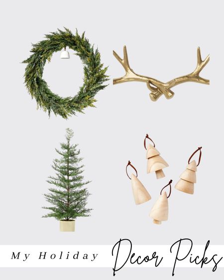 Holiday decor picks, wreath, bell, gold, antlers, wooden trees, faux Christmas trees, greenery 

#LTKHoliday #LTKSeasonal #LTKhome