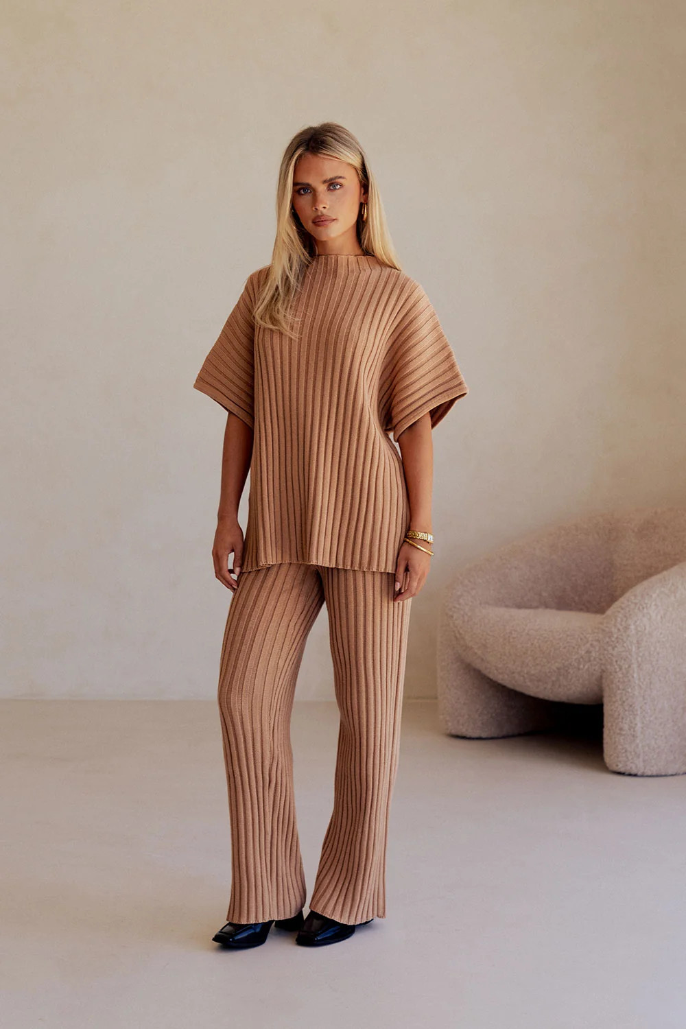 Apricot Ribbed Knit High Waist Celine Pants | Sabo Skirt US