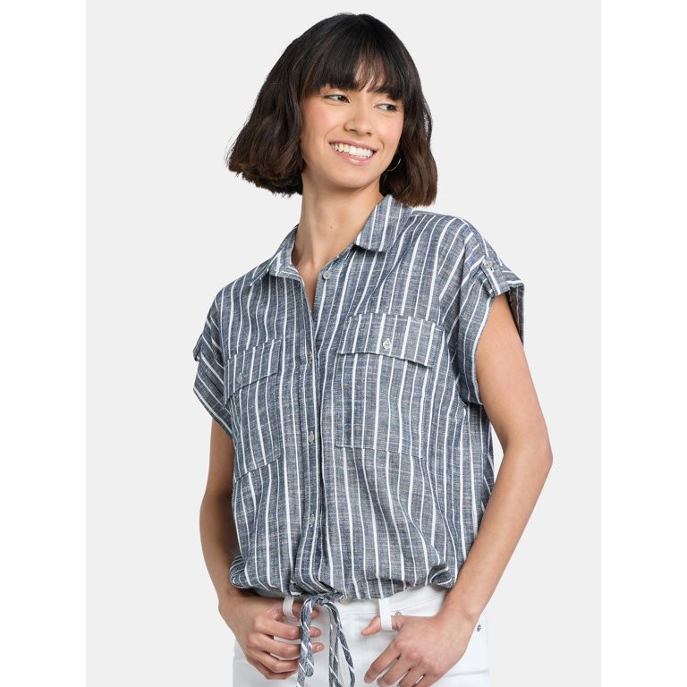 Time and Tru Women's Button Front Utility Shirt with Drawstring Hem, XS-XXXL | Walmart (US)