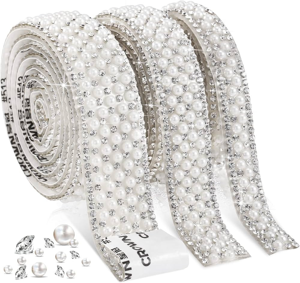 Pearl Stickers 3 Rolls Self Adhesive Pearl Rhinestone Ribbon Pearl Wrap Roll Crystal Pearl Strips... | Amazon (US)