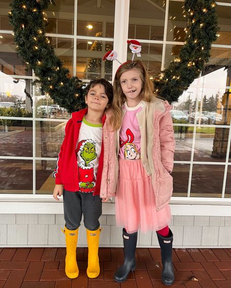 How cute are these Grinch tees? Also, we wear our Hunter boots with everything! I buy a new pair when my oldest grows out of hers & hand them down to my son so I always buy a neutral or primary color. I feel so much better getting more wear out of them! 

#LTKkids #LTKGiftGuide #LTKHoliday