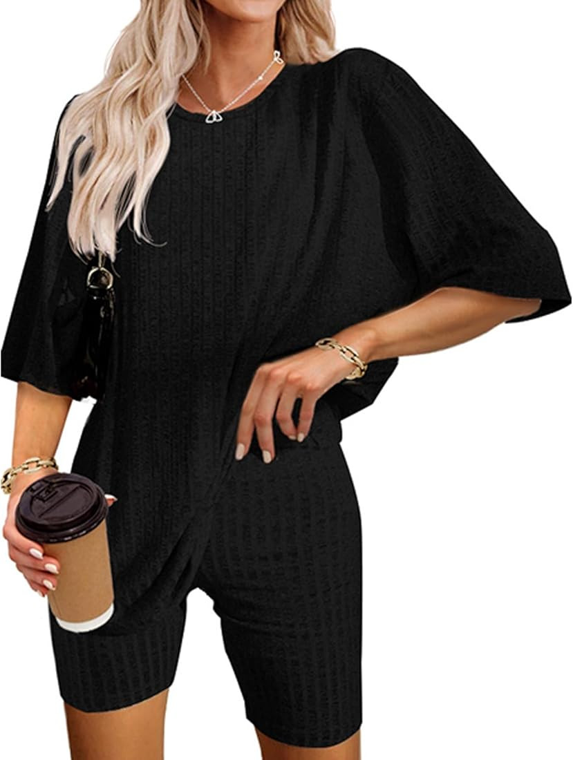 Ribbed Knit Lounge Set for Women Pajama Set 2 Piece Outfits Oversized T-Shirt and Biker Shorts Se... | Amazon (US)