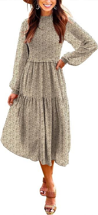 LOGENE Womens Long Sleeve Crew Neck Smocked Elastic Waist Tiered Midi Dress Boho Sun Dresses | Amazon (US)