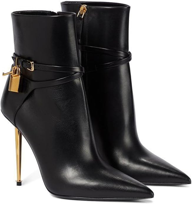 10cm Large Size Metal Lock Cross Strap Ankle Boots Pointed Toe Stiletto Heel Simple Elegant Women... | Amazon (US)
