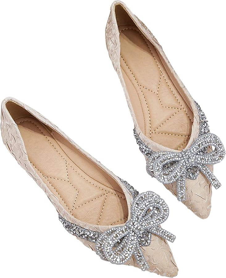 SAILING LU Bow-Knot Ballet Flats for Women Pointed Toe Crystals Wedding Shoes Comfort Light Weigh... | Amazon (US)