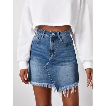Women s Asymmetrical Raw Hem Denim Skirt 84011S022112 | Walmart (US)