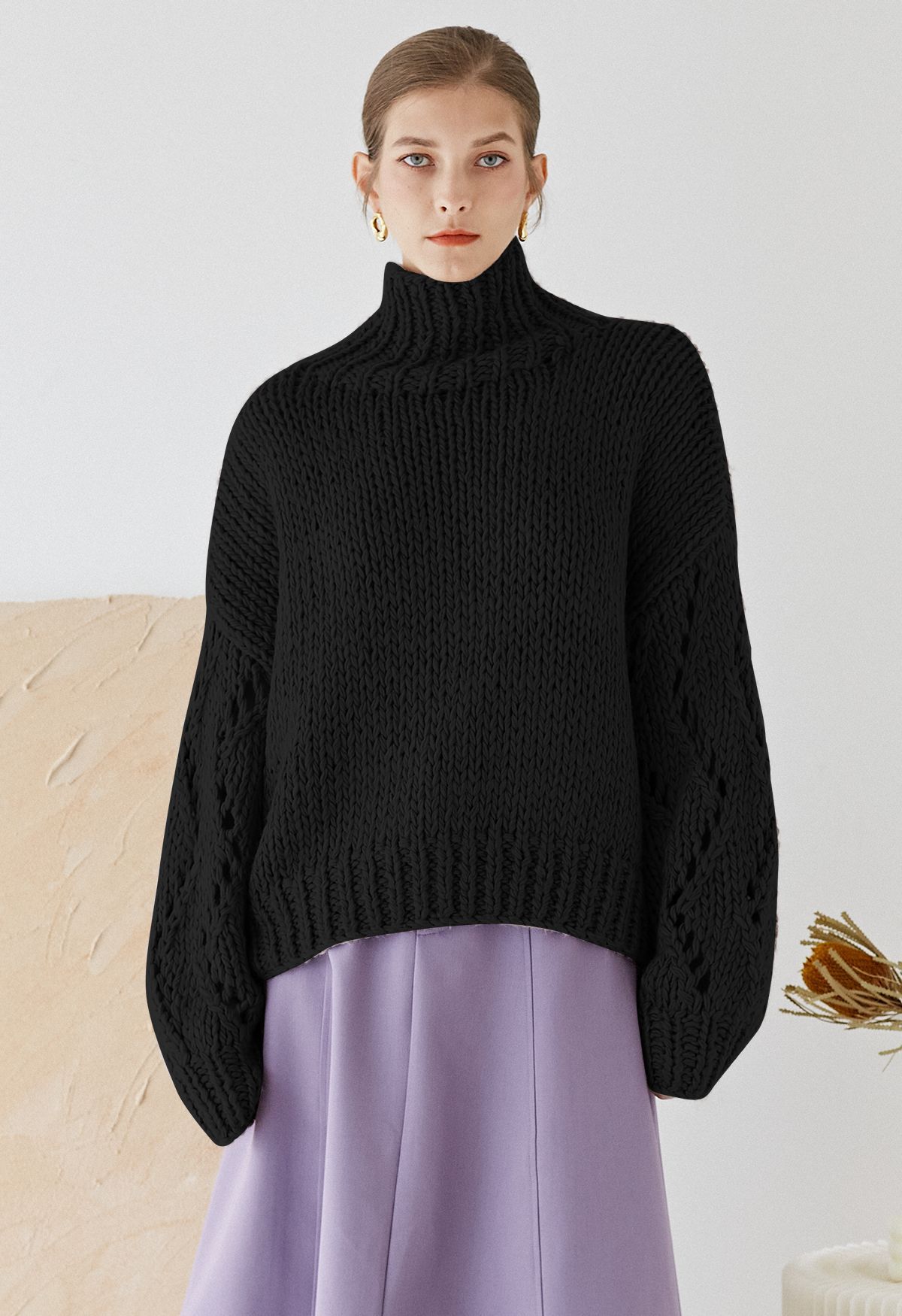 Pointelle Sleeve High Neck Hand-Knit Sweater in Black | Chicwish