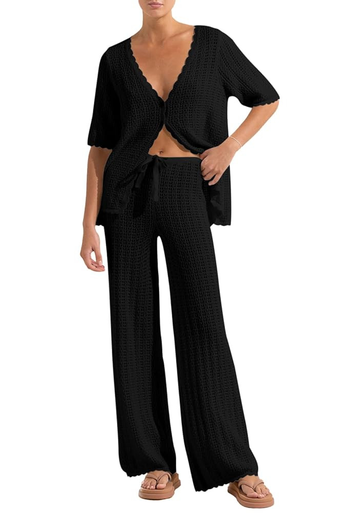 Imily Bela Women's Summer 2 Piece Swimsuit Cover up Crochet Knit Cardigan Tops Long Pants Set Bat... | Amazon (US)
