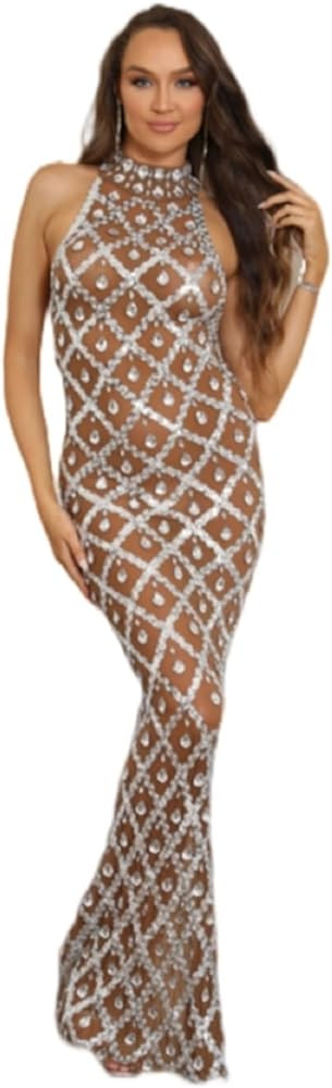 Rhinestone Transparent Sleeveless Dress Women Dance Show Outfit Prom Birthday Evening Long Dress(... | Amazon (US)