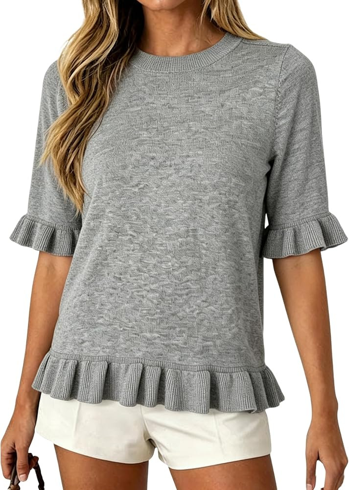 Dqbeng Womens Short Sleeve Sweater Knit Top Crewneck Lightweight Summer Tops Casual Ruffle Hem Bl... | Amazon (US)