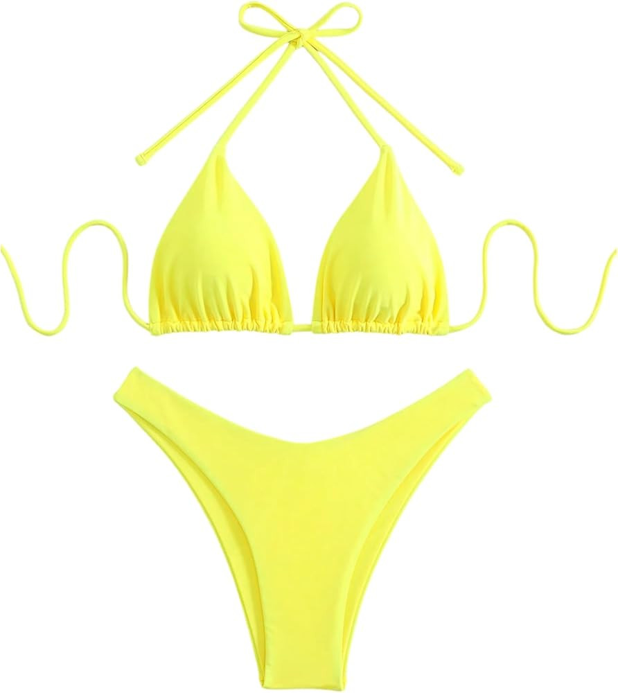 GORGLITTER Women's High Waisted Thong Bikini Set Halter Triangle Tie Back Swimsuit Bathing Suit | Amazon (US)