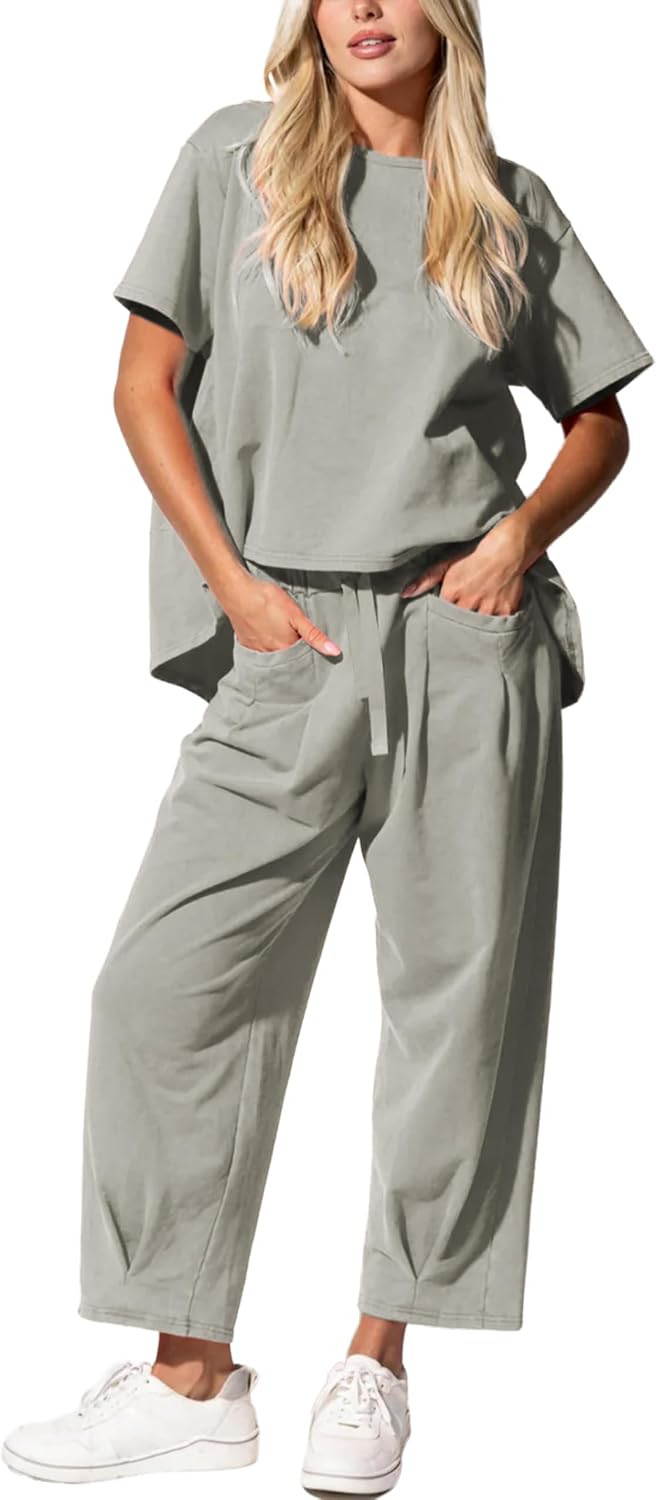 Womens 2 Piece Travel Lounge Set Short Sleeve Top Barrel Leg Pants | Amazon (US)