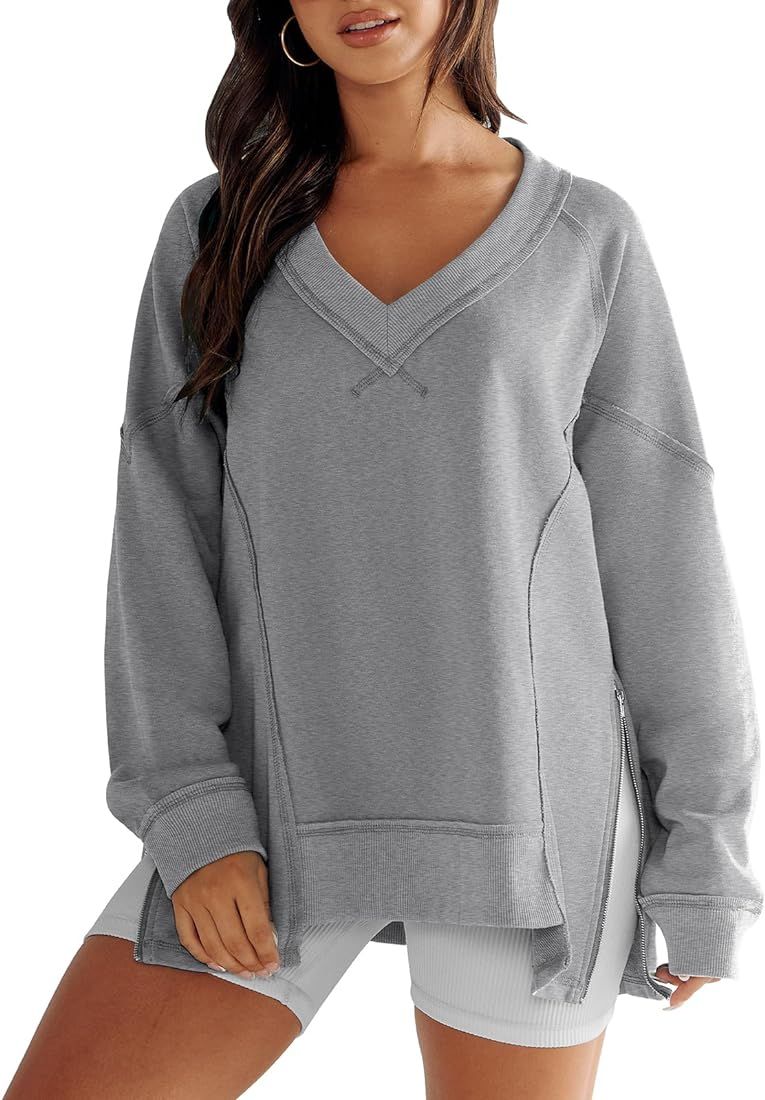 Caracilia Women Oversized Sweatshirts Hoodies V Neck Long Sleeve Drop Shoulder Fall Pullover Shir... | Amazon (US)