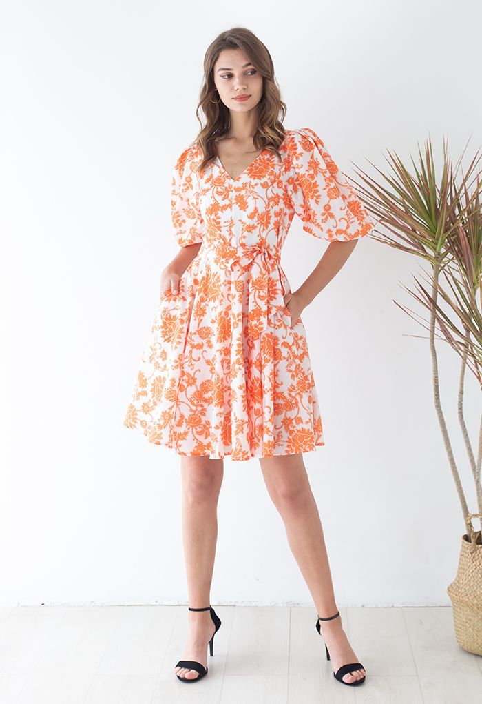 Divine Flower Vine Printed V-Neck Dress in Orange | Chicwish