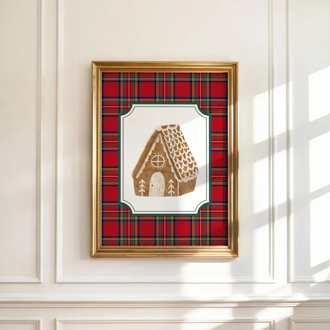 Gingerbread Christmas Print, Gingerbread House Art Printable, Red Plaid Christmas Print, Traditio... | Etsy (US)