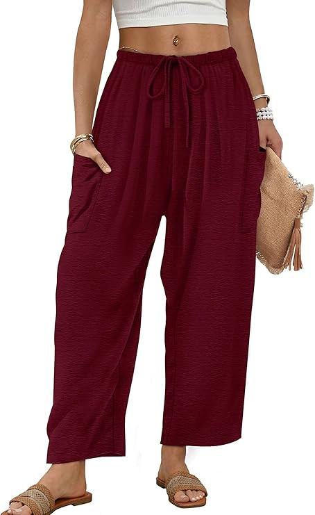 Sampeel Wide Leg Pants for Women Barrel Flowy Palazzo Elastic Waist Trousers with Pockets Summer ... | Amazon (US)