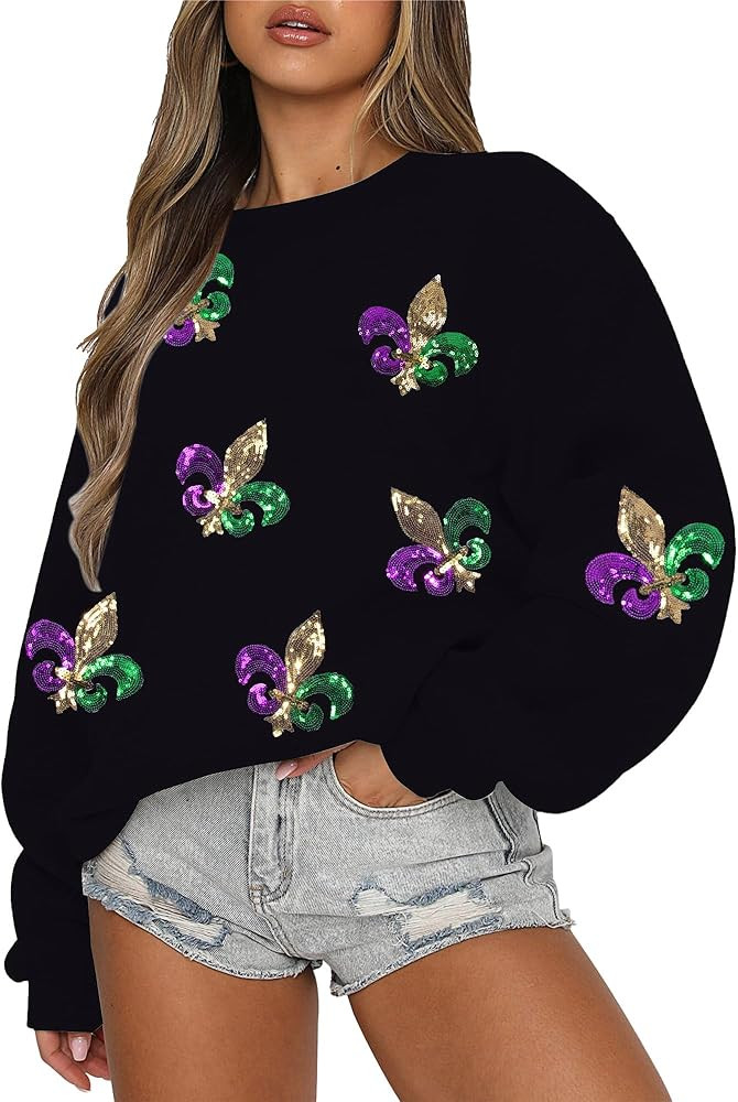 LUKYCILD Mardi Gras Sweatshirt Women Stripes Fat Tuesday Shirt Mask Graphic Carnival Long Sleeve ... | Amazon (US)