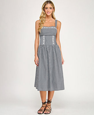 Juniors' Gingham Ribbon Trim and Smocked Back Square Neck Dress | Macy's