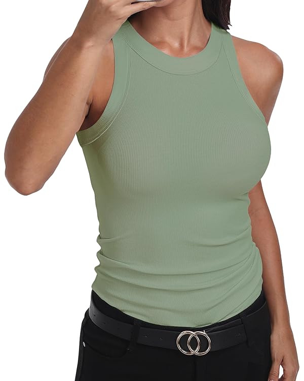 GEMBERA Womens Sleeveless Racerback High Neck Casual Basic Cotton Ribbed Fitted Tank Top | Amazon (US)