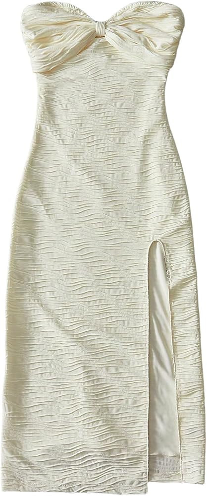 Milumia Women's Textured Strapless Split Thigh Dress Ruched Knot Bodycon Tube Midi Dresses | Amazon (US)