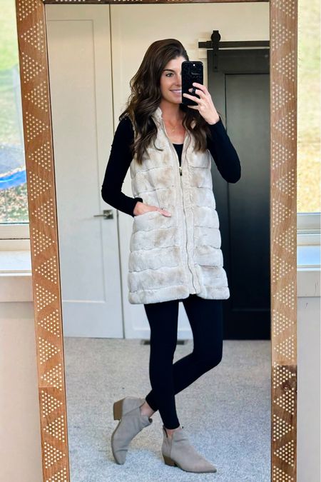 Here's a fall/winter outfit you can copy: black long sleeves, leggings, sweater vest, and boots!
#fallstyle #outfitinspo #wardroberefresh #vacationlook

#LTKstyletip #LTKshoecrush #LTKSeasonal