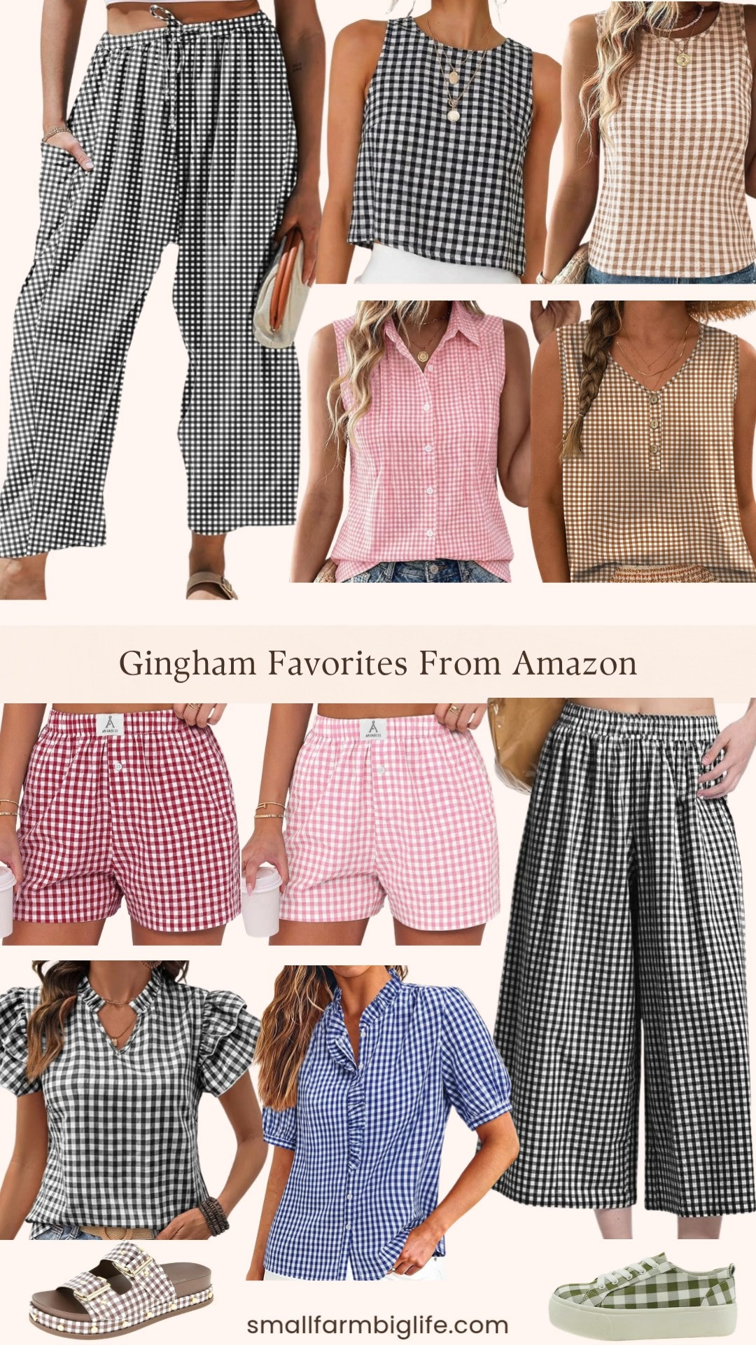 More gingham finds from Amazon because I cannot get enough of this trend right now! From gingham boxer shorts and linen tank tops to wide leg pants, capris, ruffle button down shirts, sleeveless tops, and the most adorable gingham double strap mules and platform sneakers, there is a gingham piece for every occasion and every style this summer. All the best colors including brown, black, pink, blue, and green at unbeatable prices. Linking everything below! 

 #LTKootd #LTKSeasonal #LTKOver40