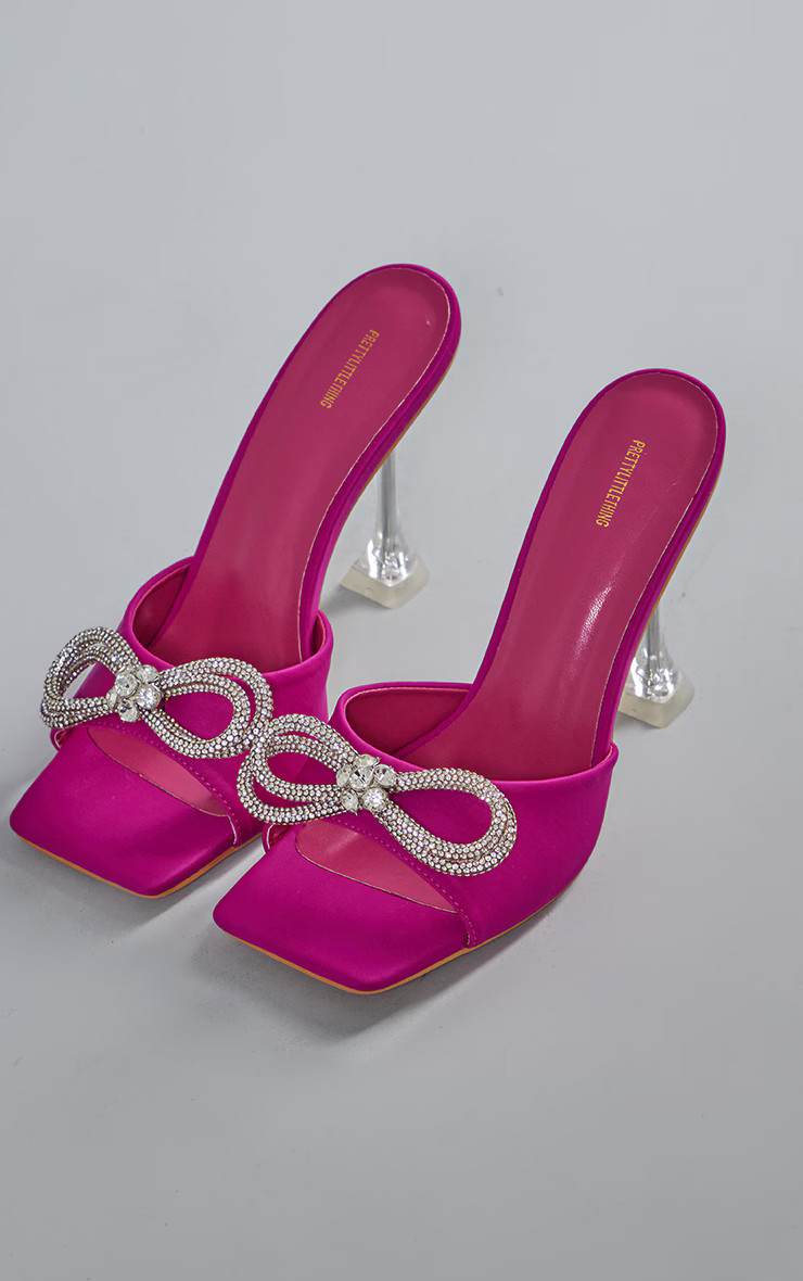 Fuchsia Diamante Bow Square Toe High Heeled Cake Stand Mules | PrettyLittleThing US