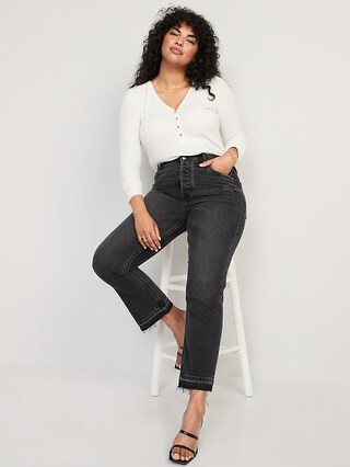 High-Waisted Button-Fly Slouchy Straight Black-Wash Cut-Off Non-Stretch Jeans for Women | Old Navy (US)