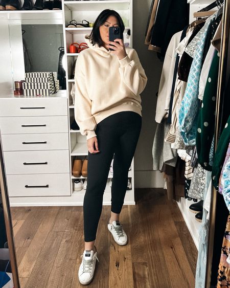 ANOTHER 10/10 REC, you guys!!! This is the f*cking softest sweatshirt I’ve ever felt. The inside is so so so soft, it feels like a warm hug. And the hoodie feels enchanted, like it wraps around my hair perfectly, I feel like Belle in the woods looking for her father. Expect it’s a hoodie and I don’t have a horse. 

I am in the large, fit is expected. I sized up for even more oversized look but overall its oversized on it’s own. Oh and this is the Apricot. Even though it’s definitely cream, apricot = cream on Amazon. Wild. 

These are my $10 Lulu knock offs!! FOR REAL. Yes to these forever. Even if you just want a pair of lounge around leggings, these are amazing for that. I would say stay TTS. I sized up to the L/XL and they are too loose, honestly. I’ll keep this size for lounging / period week but I’m going to order the S/M to see if they fit a bit more like my aligns. 