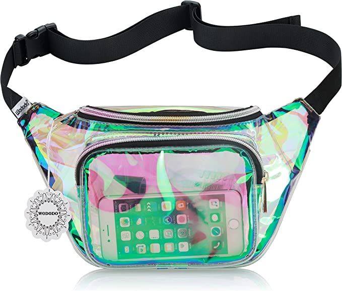 Shiny Neon Fanny Bag for Women Rave Festival Hologram Bum Travel Waist Pack (Clear Iridescent) | Amazon (US)