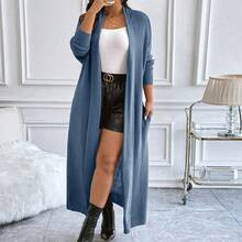 Plus Size Women Casual Solid Color Textured Cardigan, Long Length, Suitable For Commuting, For Winter | SHEIN