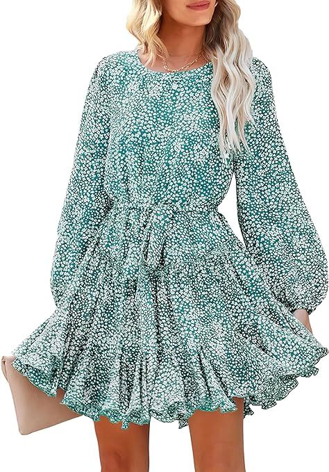 ANRABESS Women's Long Sleeve Crewneck Floral Mini Dress Ruffle Hem Flowy Swing A-Line Chiffon Sho... | Amazon (US)