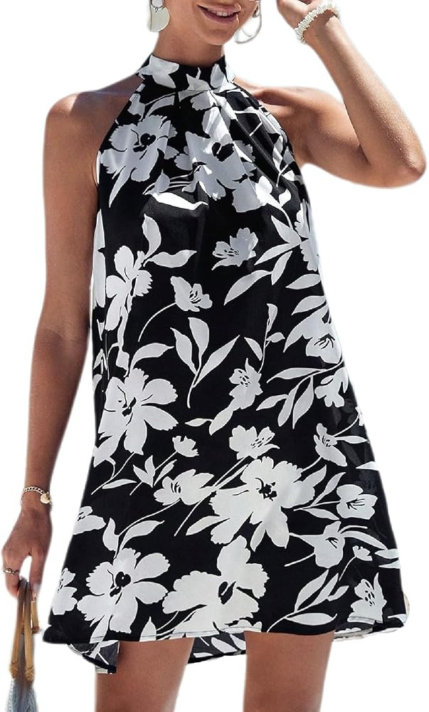 Floerns Women's Sleeveless Floral Print Sundress Halter Neck A Line Short Dress | Amazon (US)