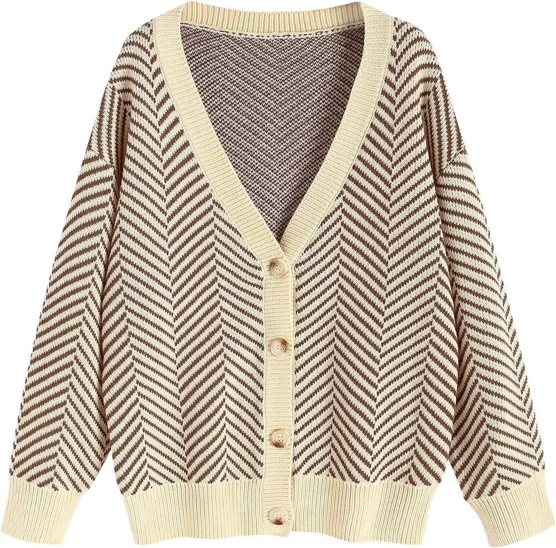 Women's Striped Cardigan Long Sleeve Button Up Open Front Knit Oversized Sweater | Amazon (US)