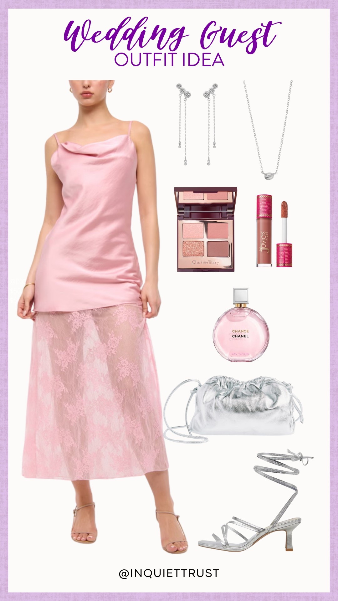 Attending a wedding soon? This gorgeous pink dress with its delicate lace detail and elegant accessories makes for a dreamy wedding guest outfit! Pair it with silver strappy heels and a silver crossbody clutch for some pop of chic.
#makeupfaves #casualchic #partydresses #weddingguestoutfit

#LTKStyleTip #LTKSeasonal #LTKU
