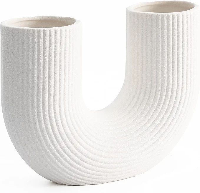 COEAZY White Vase | Ceramic Vase with U Shaped Ribbed | Unique Aesthetic Home Decor | Vases for D... | Amazon (US)