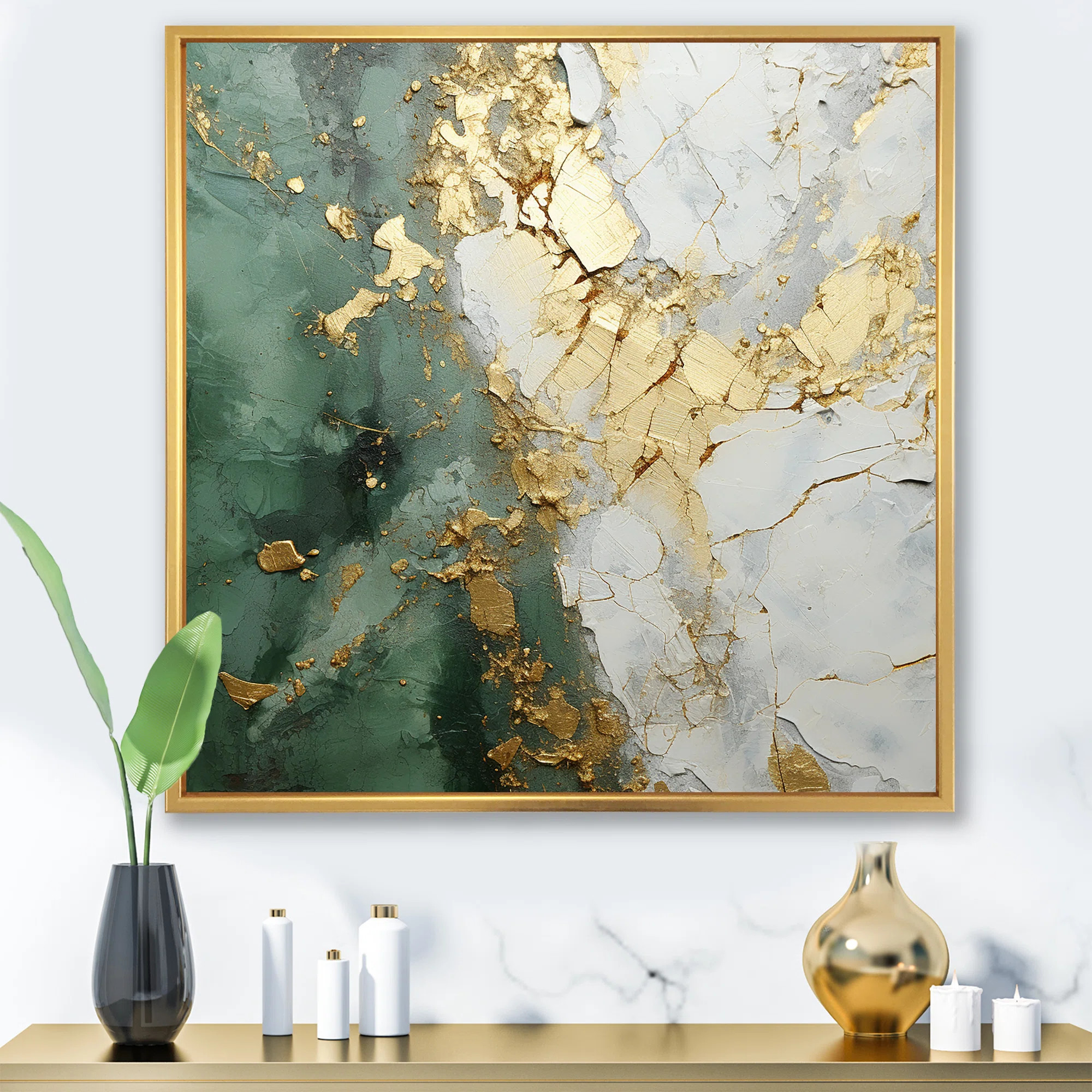 Gold And Green Paint Fusion - Abstract Painting Framed Wall Art | Wayfair North America