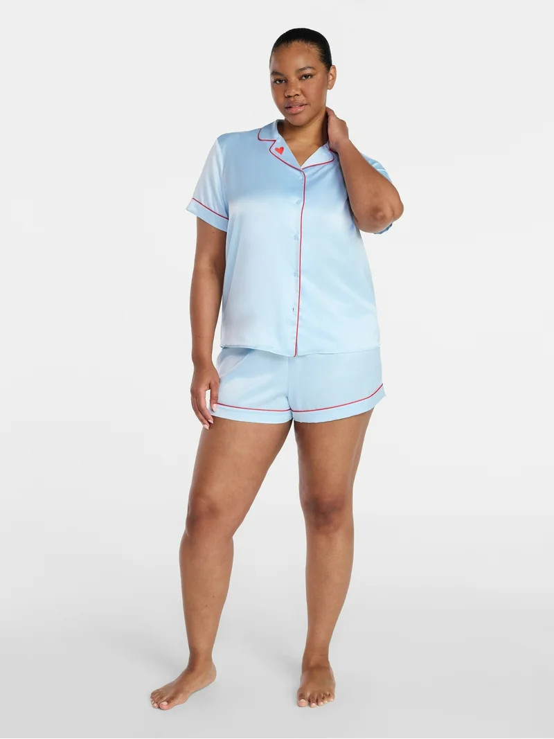 Joyspun Women’s Stretch Satin Short Sleeve Top and Shorts Pajama Set, Sizes XS-3X | Walmart (US)