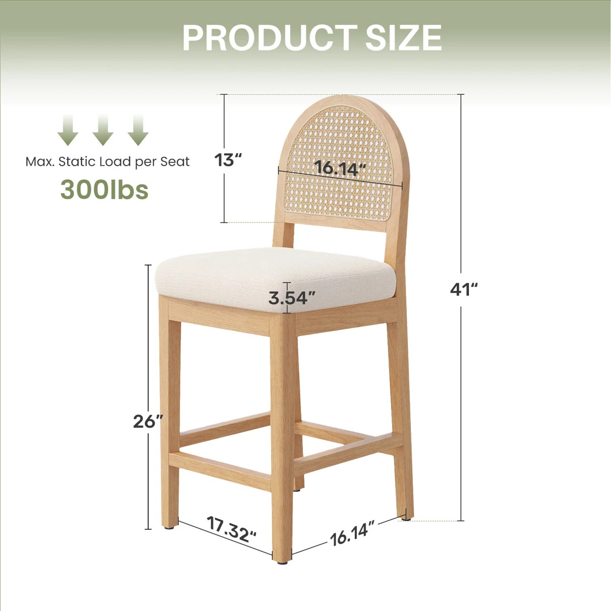 Solid Rubberwood Counter Height Bar Stool With Cane Back, Upholstered Chenille Seat, Natural Wood... | Wayfair North America