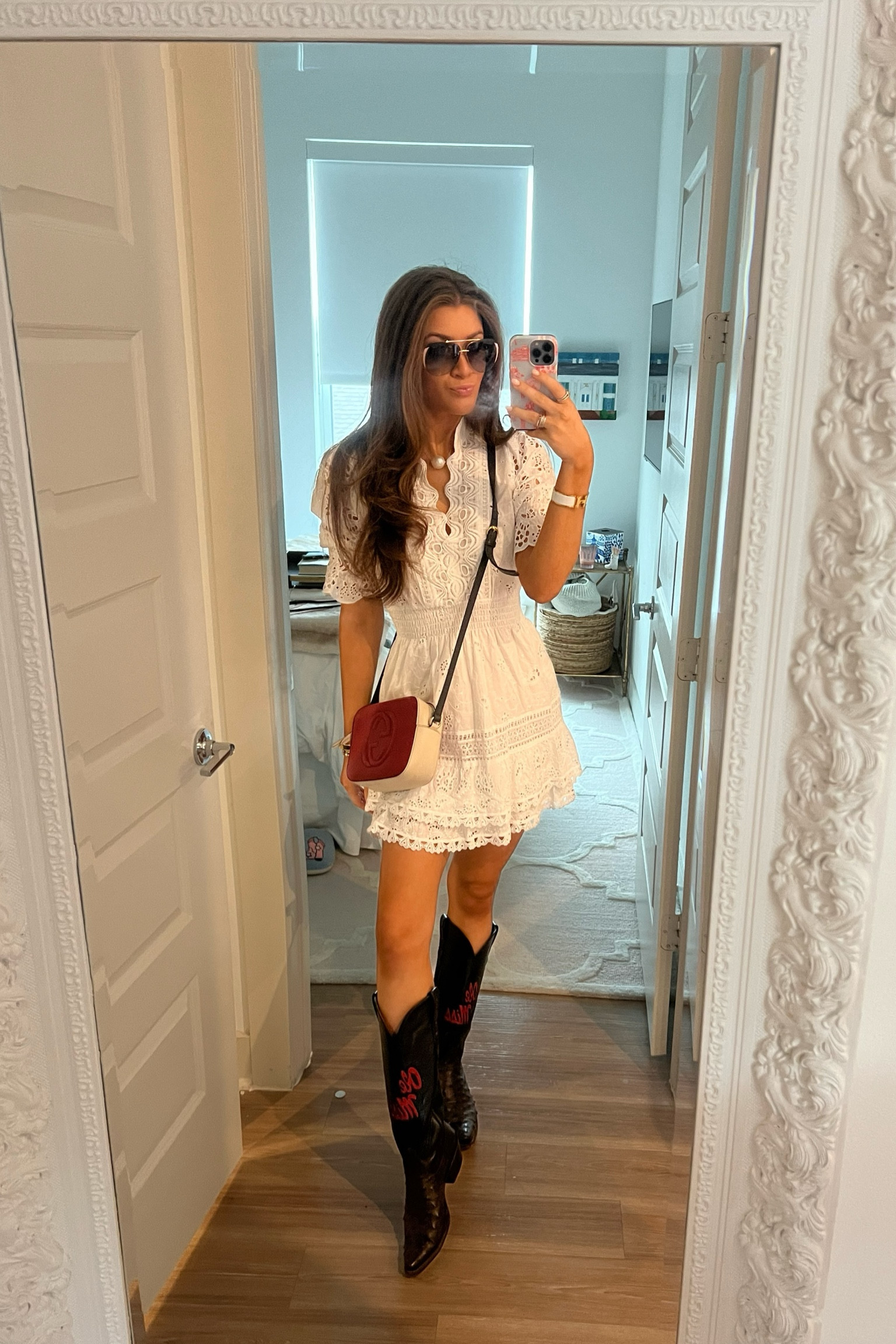 Ready for an Ole Miss weekend! Love this white lace dress I ordered from ShopBop… handmade in Italy… this brand has the most feminine, pretty pieces! True to size… paired with my custom Ole Miss boots ❤️ could dress this up or down! Could see this with sandals in Capri ☀️ 