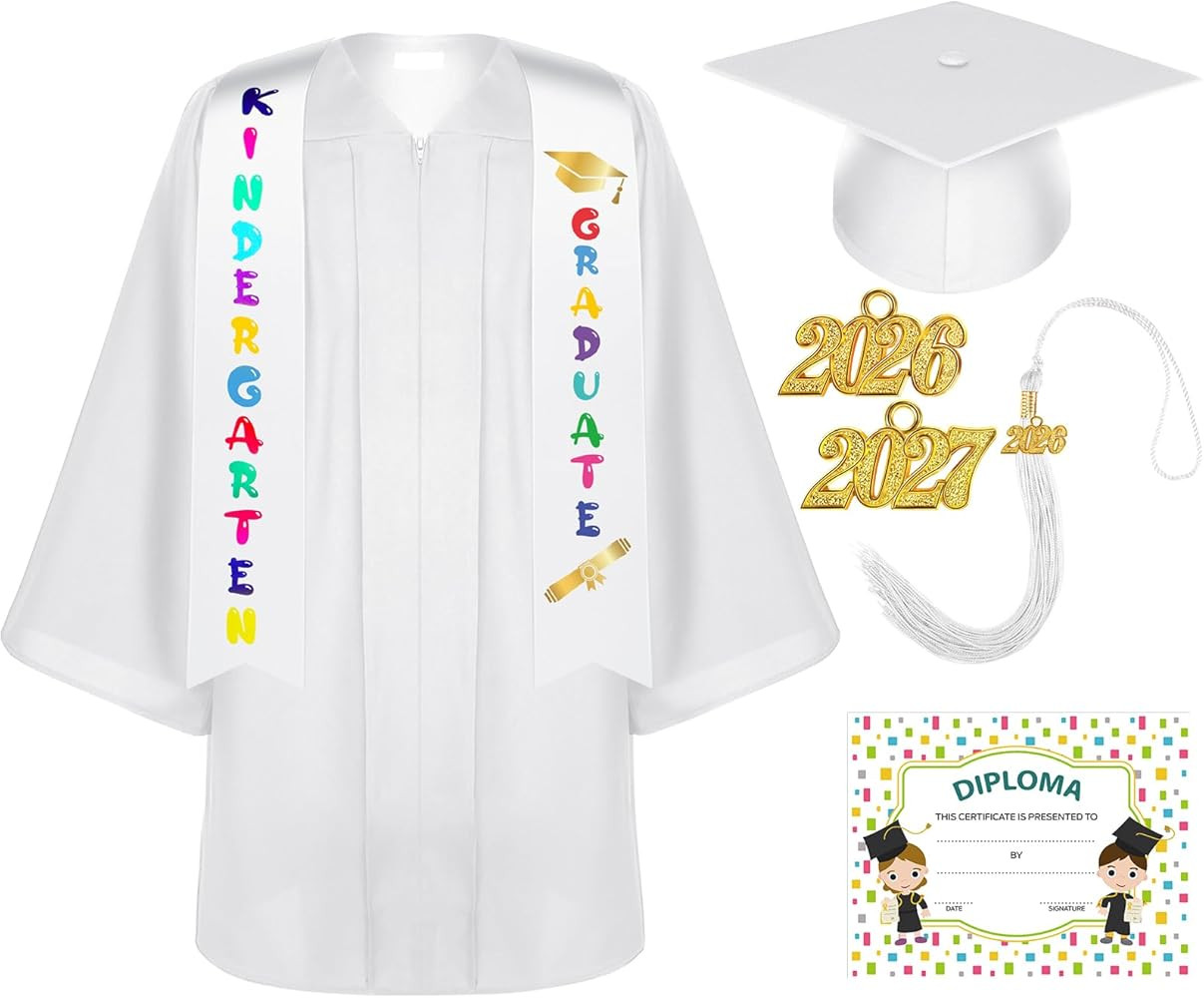 Matte Kindergarten Graduation Gown Cap Tassel Set with 2026/2027 Charm Stole Accessories for Kids... | Amazon (US)