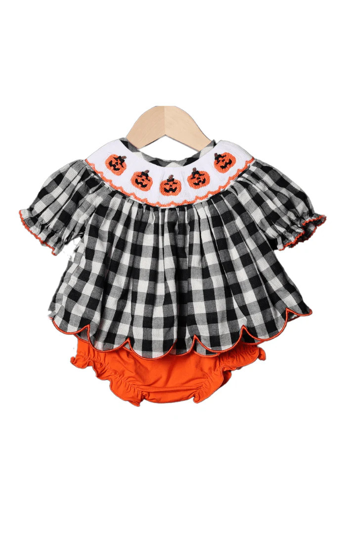 Smocked Jack O Lantern Black/White Gingham Bloomer Set | The Smocked Flamingo